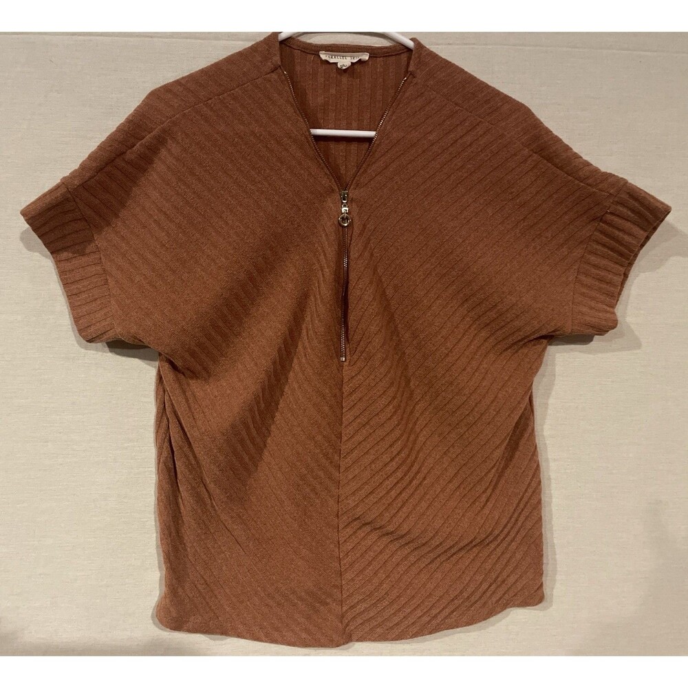 Parallel Skies Women Large Orange Rust Zip Up Ribbed Top Blouse 90s-Y2K Style